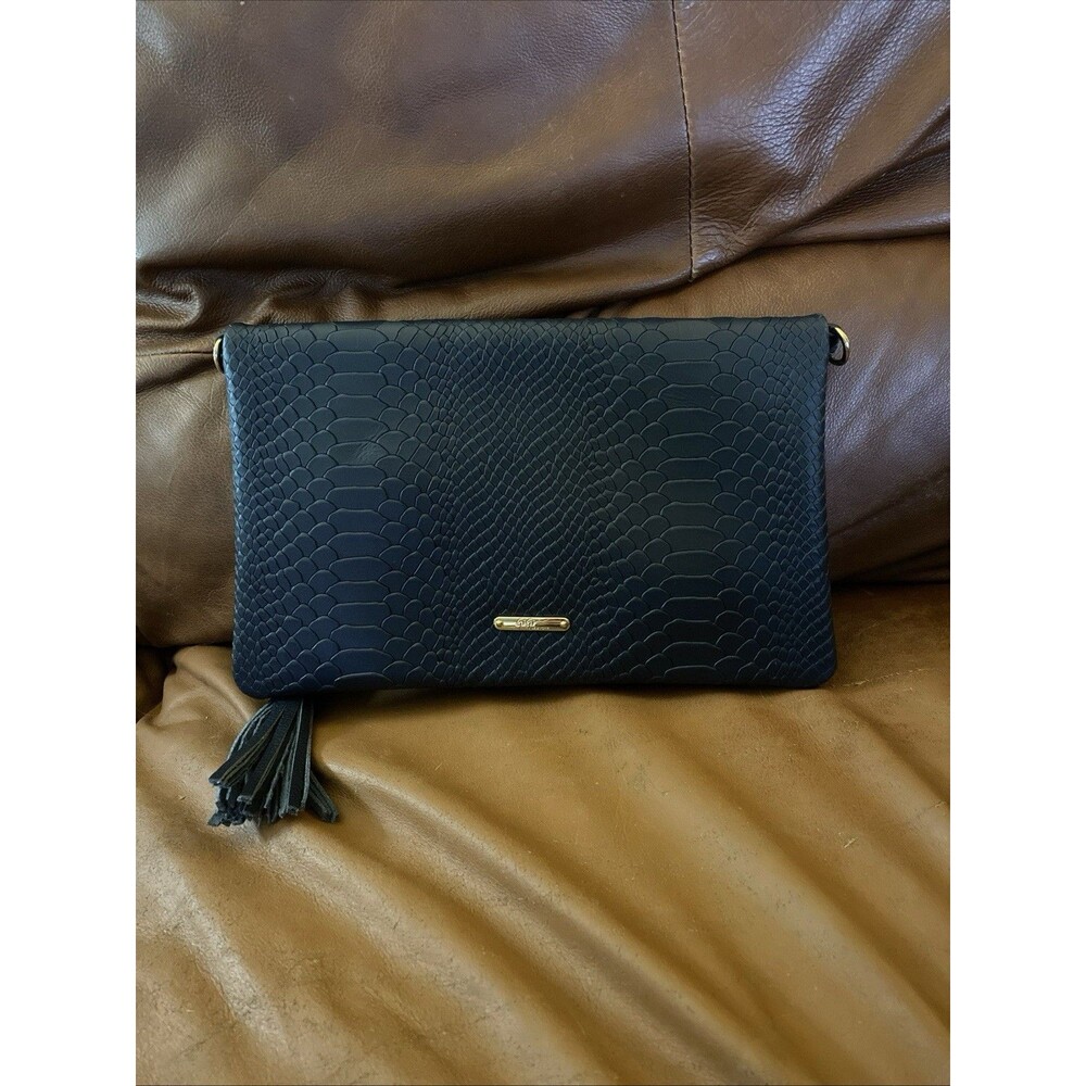 NEW GIGI New York Rachel Foldover Crossbody Clutch Blue Embossed Leather Tassel